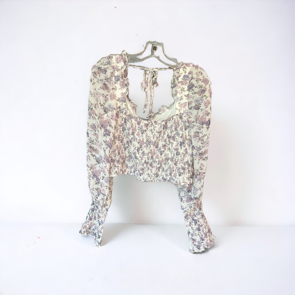 MOD On Trend Cropped Sheer Puff Sleeve Peasant Top Size L.